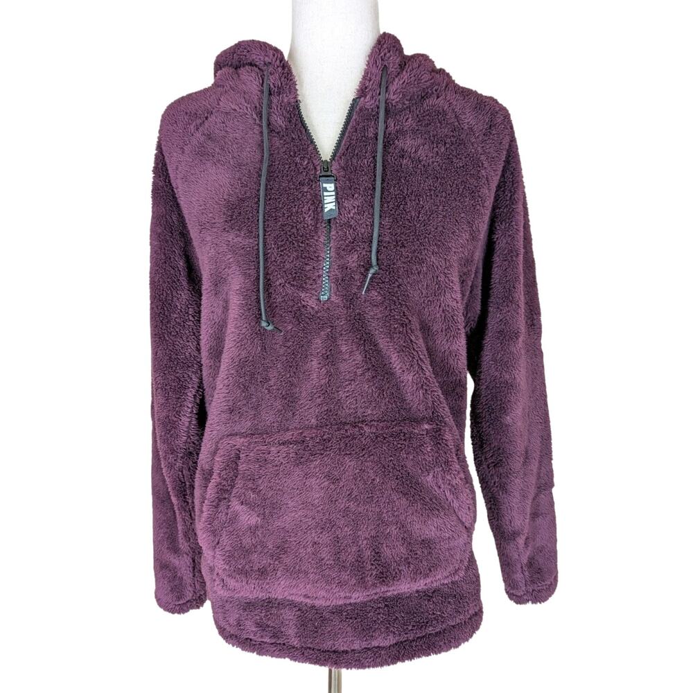 Victoria’s Secret Pink Teddy Faux Fur Sherpa Half Zip Pullover Hoodie Purple XS